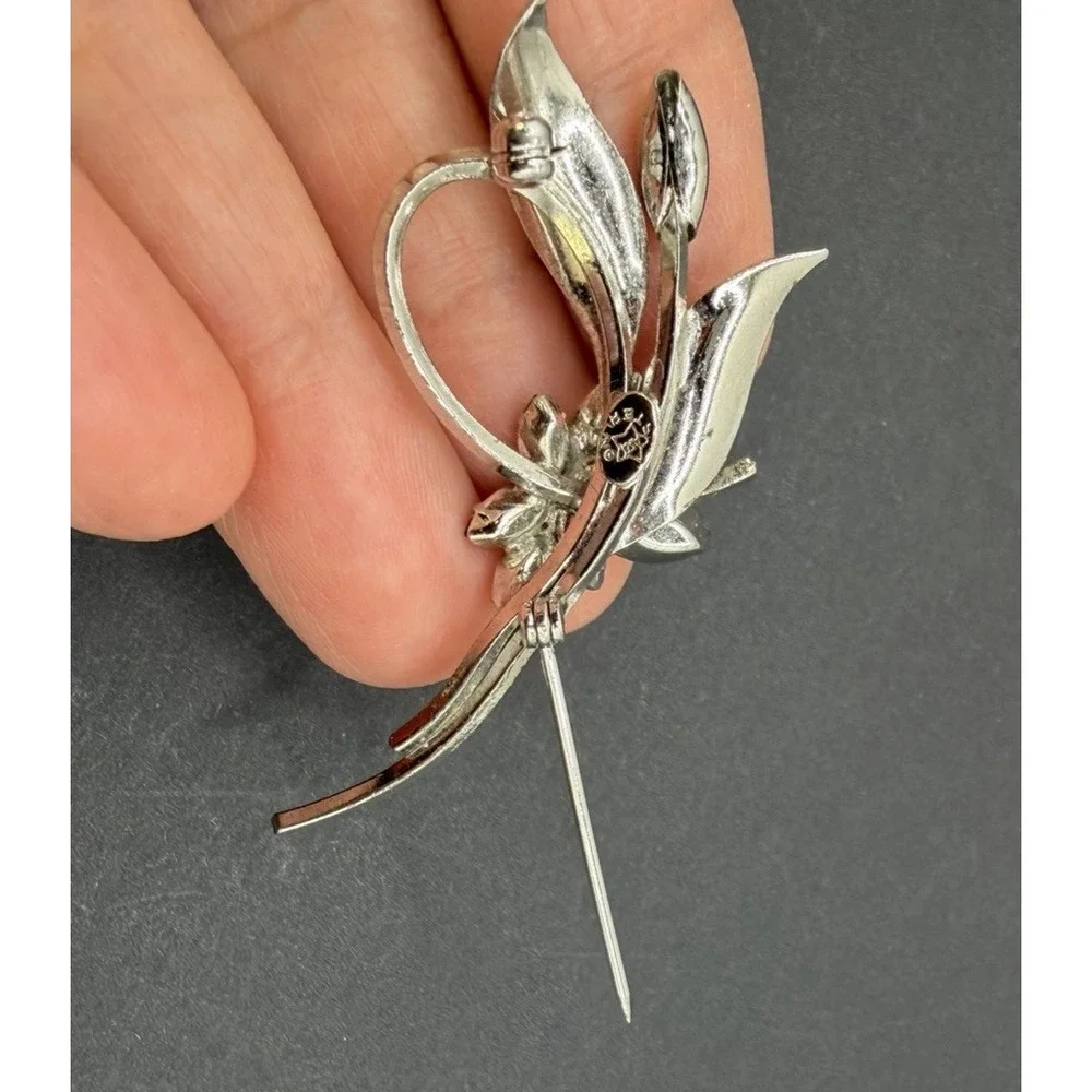 Vintage STAR ART Sterling Silver Flower Spray Brooch Pin Green Rhinestone 1950s